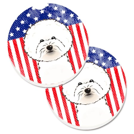 Carolines Treasures American Flag and Bichon Frise Set of 2 Cup Holder Car Coaster BB2147CARC